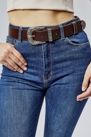 %100 Hakiki Şık Kadın Kemeri Antik Gümüş Desenli 4cm Kahverengi