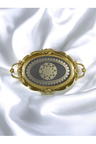 Polyester Desenli Oval Epoksi Cam Tepsi - Gold Gold