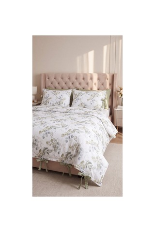 %100 Pamuk Çift Kişilik Okaliptüs Desenli Nevresim Seti 220x200 Cm Bağcıklı 2 Desenli + 2 Düz Beyaz Yastık Kılıfı Yeşil - 909842890 Yeşil