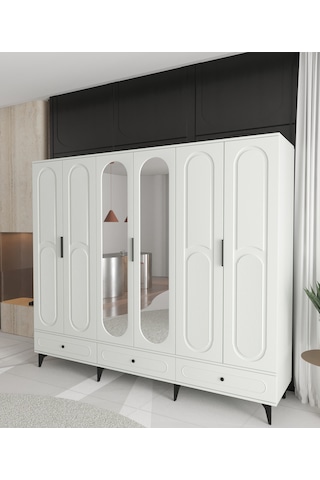 Derin 6 Kapaklı Çekmeceli Gardırop - Tamamı Mdf Beyaz