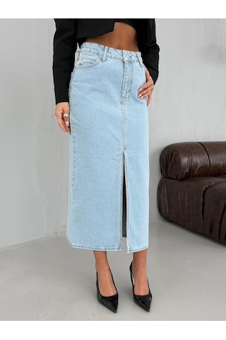 Yüksek Bel Yırtmaçlı Denim Etek Çok Renkli