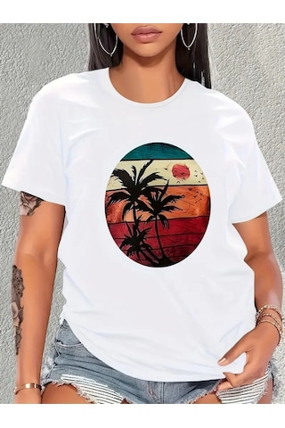 De'charme Kadın Kısa Kollu Palmiye Baskılı Viskon T-shirt Beyaz