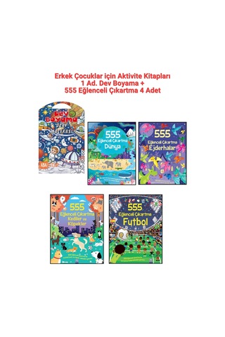 1 Ad. Dev Boyama + Erkek Çocuklar İçin 555 Eğlenceli Çıkartma Seti 4 Ad.- Dünya, Ejderhalar, Futbol, Kediler Ve Köpekler