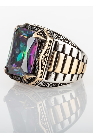 Gümüş Mistik Topaz Taşlı Saat Kordon Model Erkek Yüzük