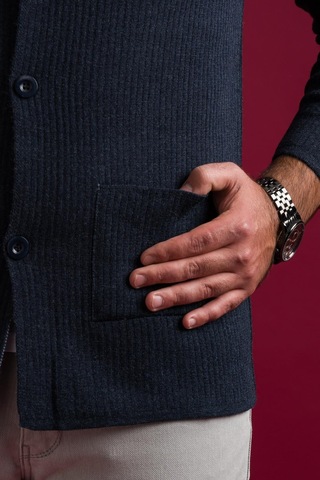 Slimfit Mono Yaka Torba Cepli Kendinden Çizgili Erkek Triko Hırka 001