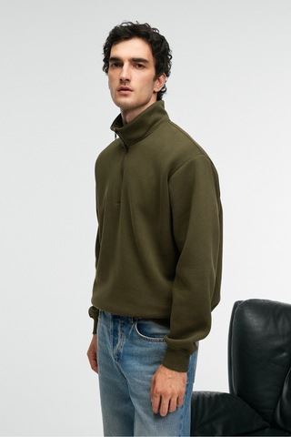 Grimelange Baxter Erkek Dik Yakalı Fermuarlı Relaxed Koyu Haki Sweatshirt Koyu Haki