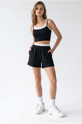 Mixray 2151 Kadın Biye Detaylı Askılı Crop Top Şort Takım Siyah
