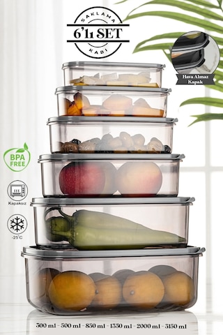 Meleni Home 6 Lı Dikdörtgen Sweet Şeffaf Saklama Kabı Seti - Platin Serisi