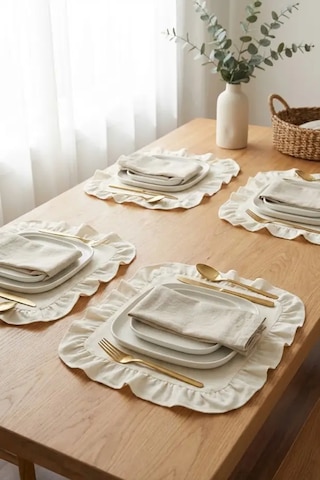 Pamuklu Fırfırlı Kare Supla 6'lı Set Amerikan Servis 33 Cm Supla Açık Krem