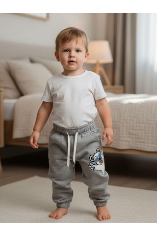 Zekids Bebek Ayıcık Desenli Eşofman Alt-16391 Gri