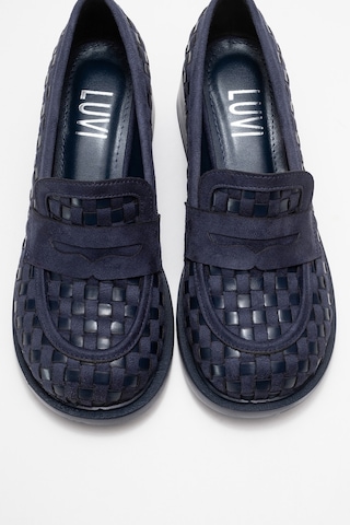 Luvishoes Luvi Shoes Marlon Lacivert Örgülü Kadın Kalın Topuklu Loafer Ayakkabı Lacivert