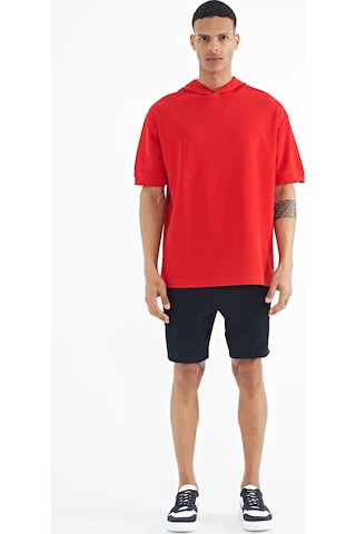 Tommylife Tommy Life Kırmızı Kapüşonlu Kol Etiket Detaylı Oversize Erkek T-shirt - 88179 Kirmizi