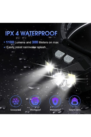 Ulzyvf Şarj Edilebilir Baş Lambası, Beyaz Kırmızı Işık, 1100 Lumen, 2 Paket Hareket Sensörlü Su Geçirmez Baş Işıkları Siyah