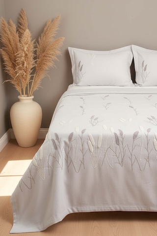 Açık Gri Willow Breeze Desen Çift Kişilik Nakışlı Yatak Örtüsü Seti