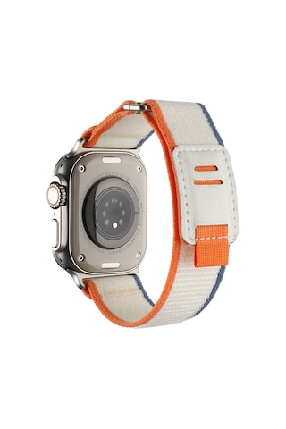 Apple Uyumlu Watch Ultra 49mm Hasır Kordon Mkst Krd-106 Strap Kayış-beyaz-turuncu
