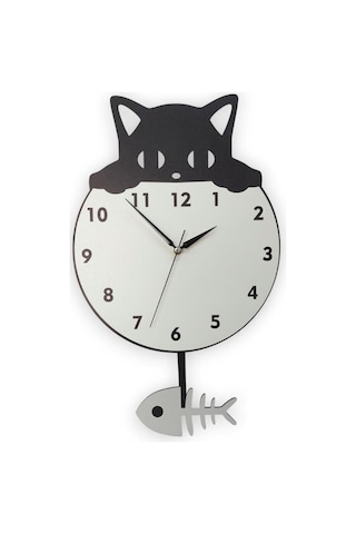 Ahşap Sallanan Sarkaçlı Siyah Kedi Ve Kılçık Duvar Saati Dekor Siyah