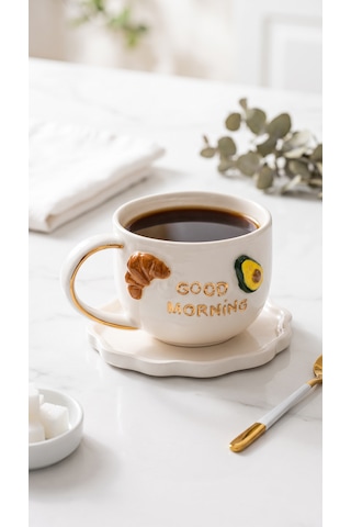 Good Morning El Yapımı Seramik Kupa 24k Altın Detaylı Çok Renkli