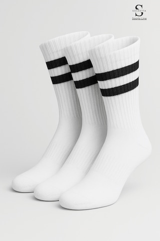 Socketta Erkek Spor Dikişsiz Havlu Taban 3'lü Beyaz Çizgili Premium Tenis Soket Çorap K.beyaz