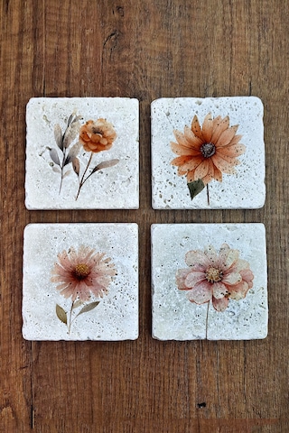 Çizgi Çiçek Temalı Doğal Taş Bardak Altlığı - Stone Coasters Çok Renkli