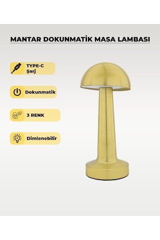 Gold Mantar Masa Lambası - Dokunmatik - 3 Renk Işık Gold