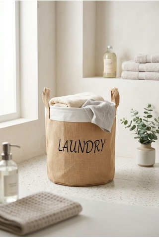 Çamaşır Sepeti Kumaş Kulplu Jüt Kumaş Katlanabilir Laundry Yazılı Bej Renk Açık Kahverengi