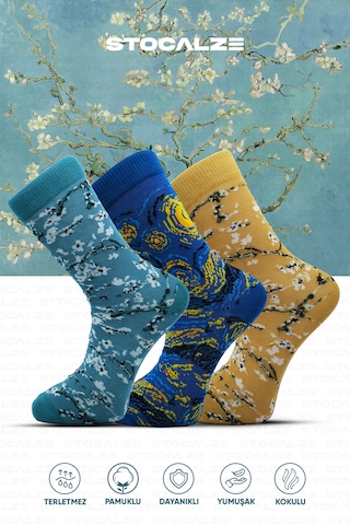 Stocalze Pamuklu Sanat Temalı Soket Çorap. Gece Badem Ağacı Desenli Van Gogh Temalı 5'li Kutulu Çorap Seti. Hardal - Saks Mavi