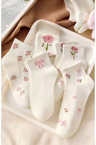 Hitit Socks Kadın 5 Çift Premium Karışık Çiçek Desenli Kısa P... Çok Renkli