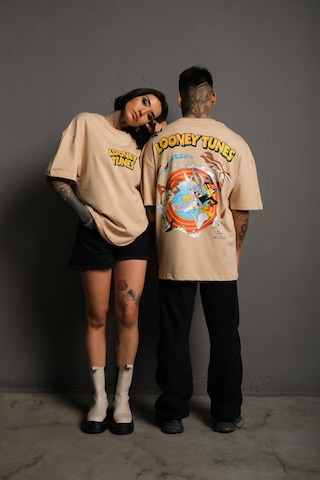 Noıssey Kod:ızeı - Unisex Oversize Looney Tunes Baskılı Pamuklu T-shirt P--1003 Bej