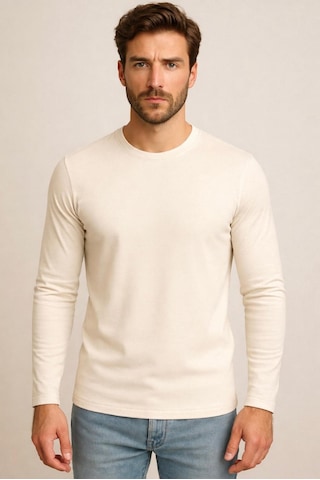 Axxel Erkek Açık Krem Pamuklu Likralı Süprem Uzun Kollu T-shirt-d240 Açık Krem