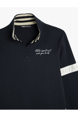 Koton Yarım Fermuarlı Yaka Sweatshirt Slogan İşlemeli Şardonlu Pamuk Karışımlı Lacivert 5wam70171mk Lacivert