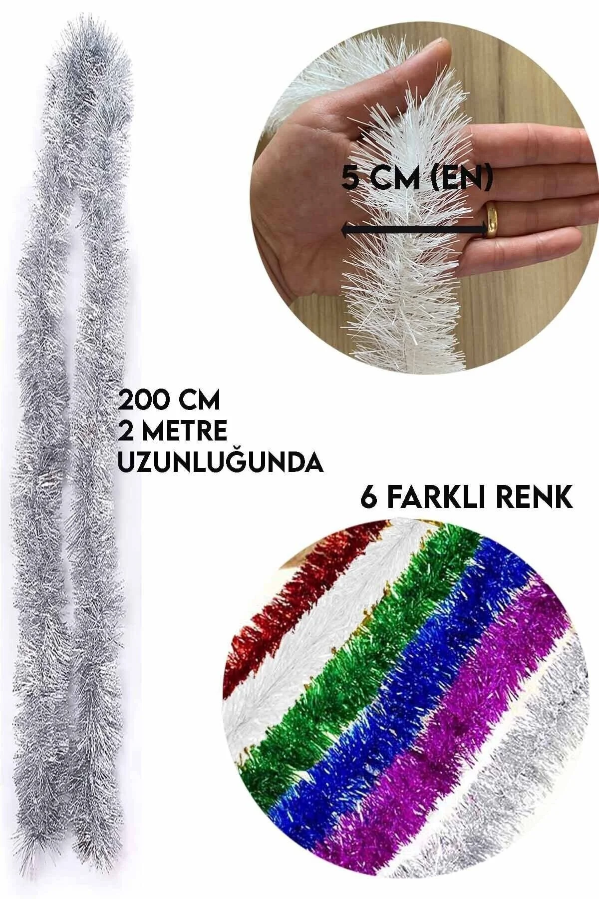 6lı Yılbaşı Çam Ağacı Süsü Gümüş, Kırmızı, Fuşya, Beyaz, Mavi, Yeşil Ağaç Tinsel Garland 2mtx5cm Sim 0