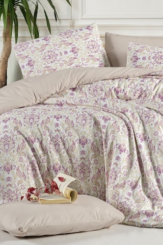 Lastikli Çarşaflı Tek Kişilik Nevresim Takımı İvy Krem Mor