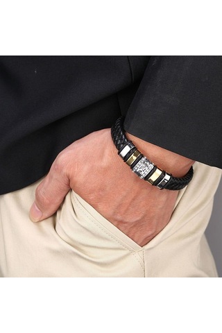 Erkek Paslanmaz Çelik Lüks Bileklik Erkek Siyah Deri Bileklik El Dokuması Aksesuarlar Kombinasyonu Sevgililer Günü Hediyesi Siyah