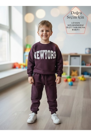 Smalltouch Unısex Çocuk Nakışlı Sweat Eşofman Takım Mürdüm