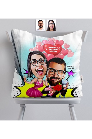 Kişiye Özel Evlilik Teklifi Karikatürlü Saten Yastık - 2