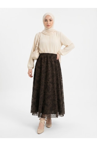 Nevayla Moda Flok Tül Çiçek Desenli Etek - Kahverengi / A0107