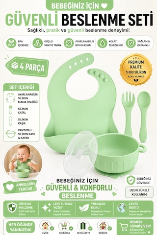 Silikon Beslenme Seti Silikon Vakumlu Kapaklı Mama Kasesi , Silikon Önlük, Çatal Ve Kaşık / Yeşil