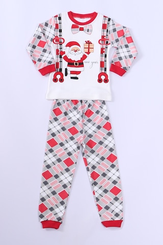 Çocuk Yılbaşı Pijama Takımı Noel Baba Baskılı Ribanalı D8 Kırmızı