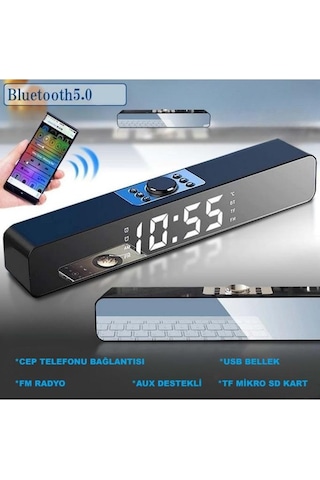 Bluetooth Hoparlör Şarjlı Ses Sistemi Led Ekran Fm Çalar Saat Sıcaklık Pc Usb Aux Tf Kart