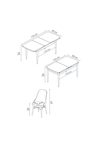Familieconcept Almira Serisi, Beyaz Mermer Desen 80x132 Açılabilir Mdf Mutfak Masası Takımı 6 Adet Sandalye Antrasit
