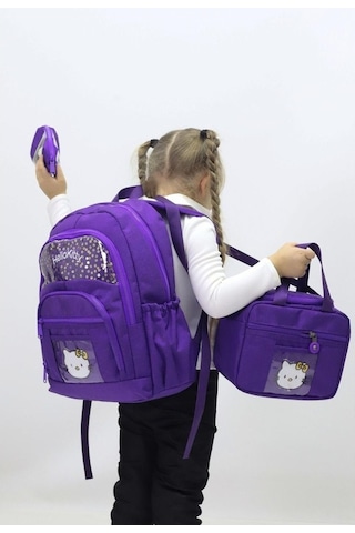 Novahub Kız Çocuk Hello Kitty 3 Lü Okul Çanta Seti Sırt Çantası Termal Beslenme Çantası Kalemlik Mor Mor