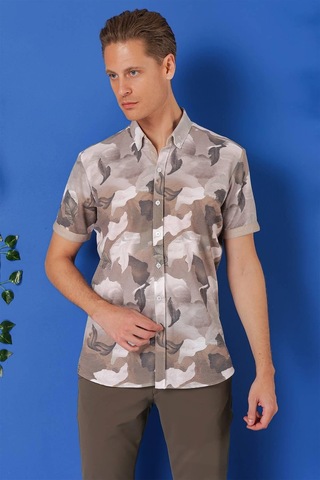 Efor Slim Fit Düğmeli Yaka Kamuflaj Desenli Kısa Kol Pamuk Bej Gömlek G 1500 Bej