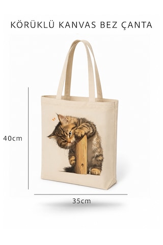 Lunora Collectıon Sevimli Kedi Baskılı Körüklü Kanvas Bez Çanta Ham Renk