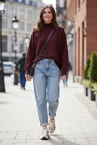 Lela Premium Oversize Fit Balıkçı Yaka Yumuşak Dokulu Triko Bayan Kazak 680Kz00469 Bordo