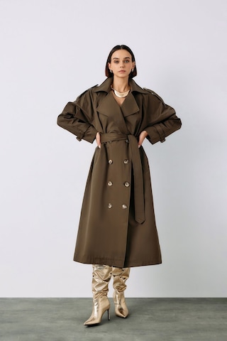Sateen Kuşaklı Uzun Trenç - Haki-135232 Haki