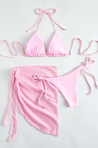 Angelsin Pareolu Bağlamalı 3'lü Bikini Takım Set Çıkartılabilir Kaplı Pembe