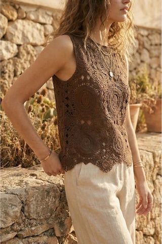 Sayzen Your Shine Kolsuz Dantel/tığ Dokuma Kadın Bluz Shn-2603 Kahverengi