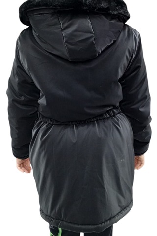 Kız Çocuk Önü Gipeli Kemerli Kapüşonlu Fermuar Çıtçıt Kapamalı Peluş Astarlı Siyah Midi Boy Mont Siyah