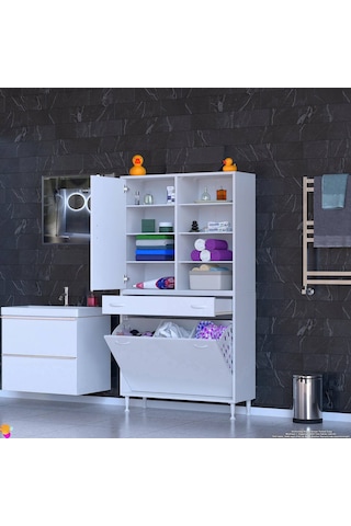 Modilayn Afra 90x173x32,5cm 1 Çekmece, 3 Göz Sepet, 1 Kapak, 8 Raf Dar Alan Banyo Dolabı Beyaz
