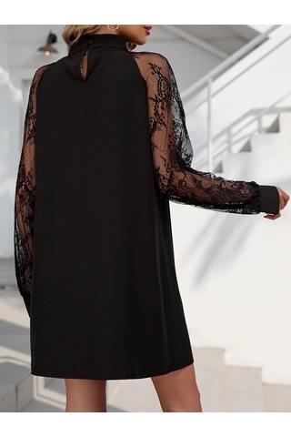 Kadın Uzun Kollu Tül Detay Sandy Mini Boy Elbise Siyah